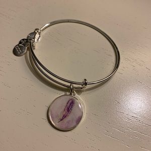 Silver alex and ani with purple/pink feather